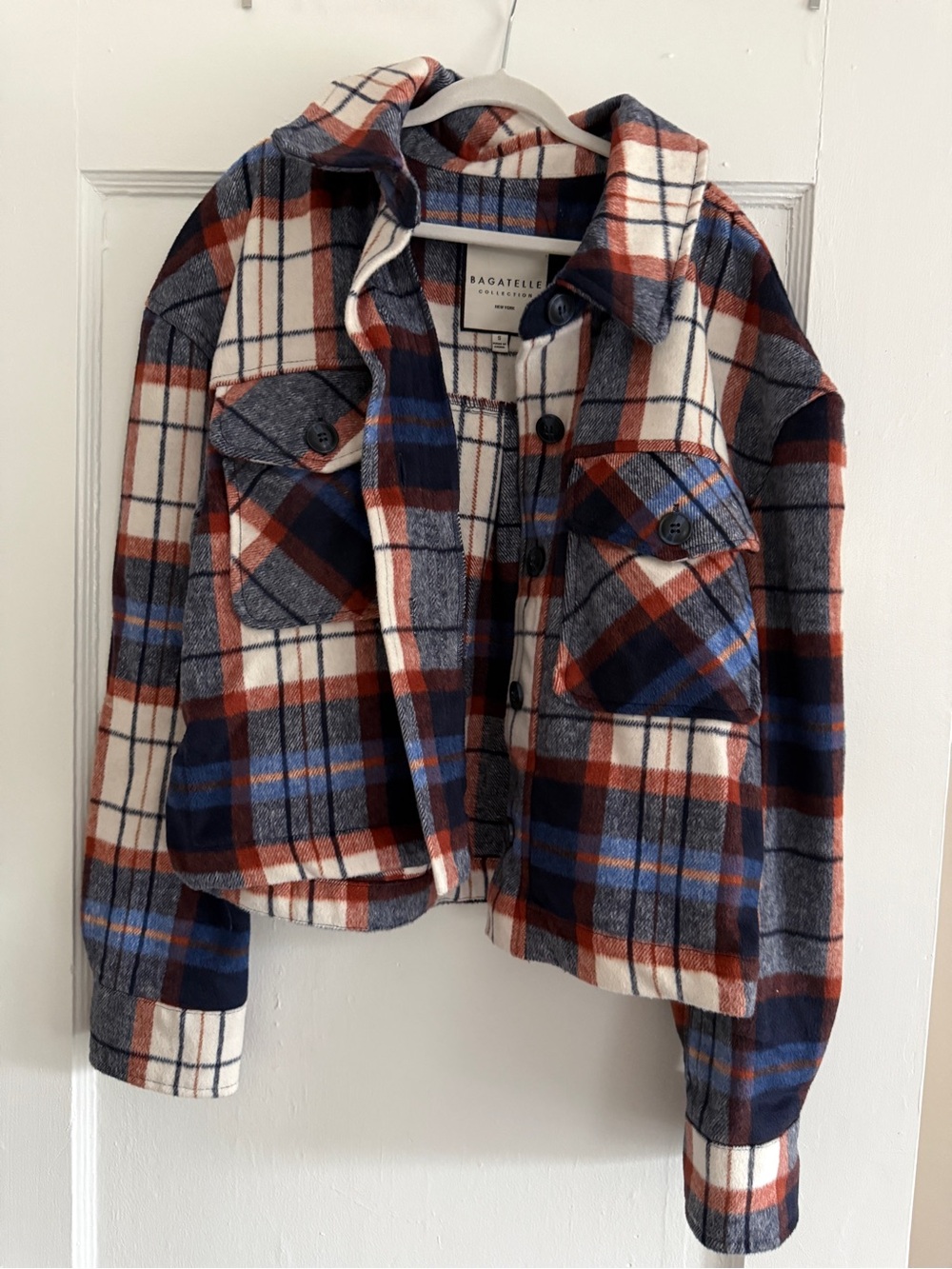 Bagatelle Cropped Plaid Shacket in Navy, Rust & Cream